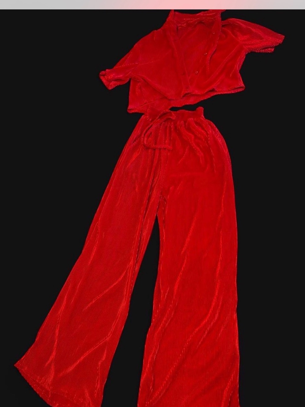 Red Wide-Leg Velvet Pants and Top Set